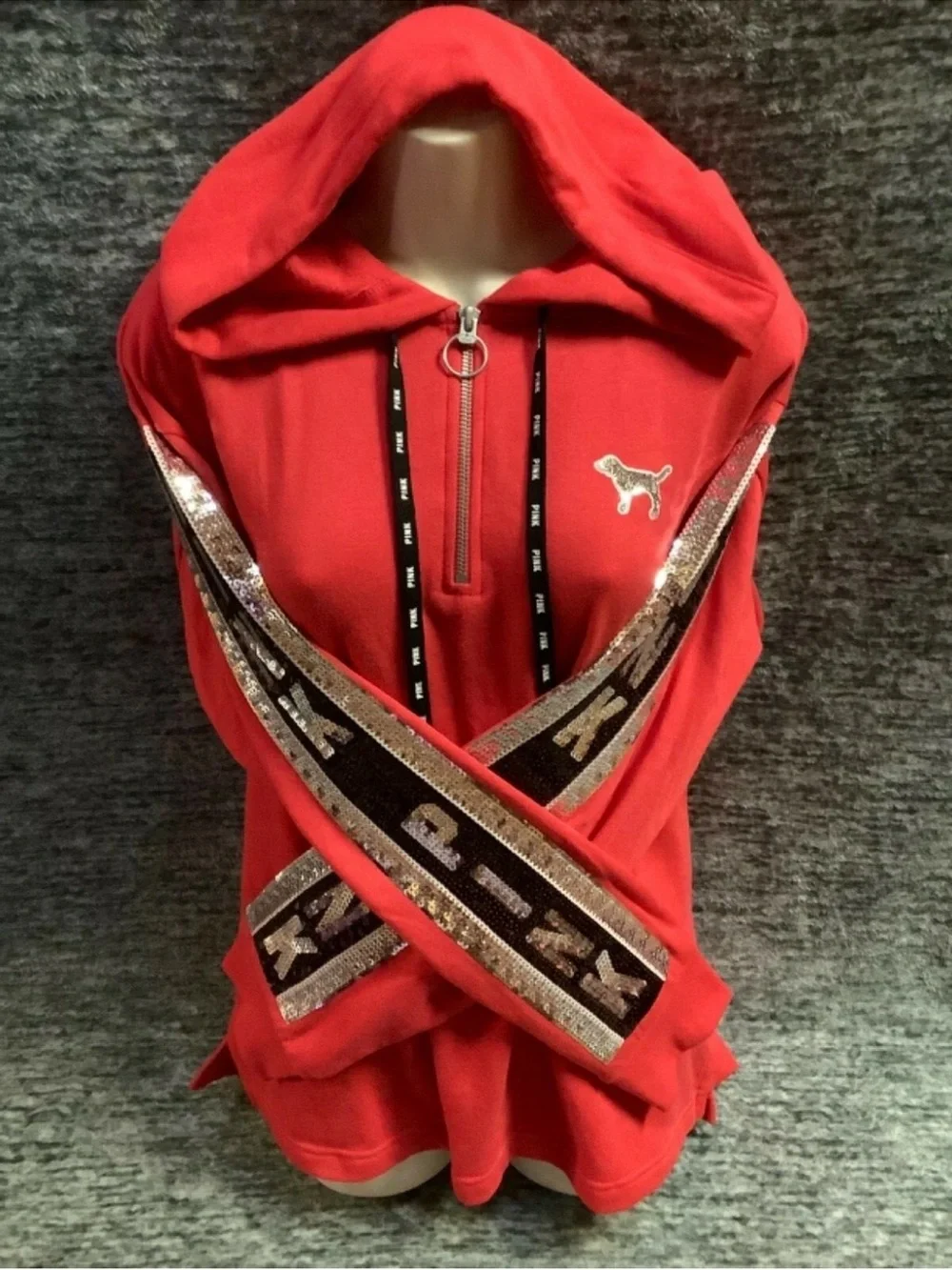 Victoria's Secret Pink Bling Campus Tunic Hoodie Neon Candy Coral Silver M - Picture 2 of 8